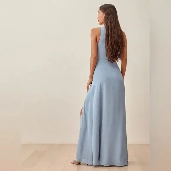 Reformation Evelyn Mineral Blue One Shoulder Maxi Dress - Size 4 - Wedding Guest - Picture 2 of 9